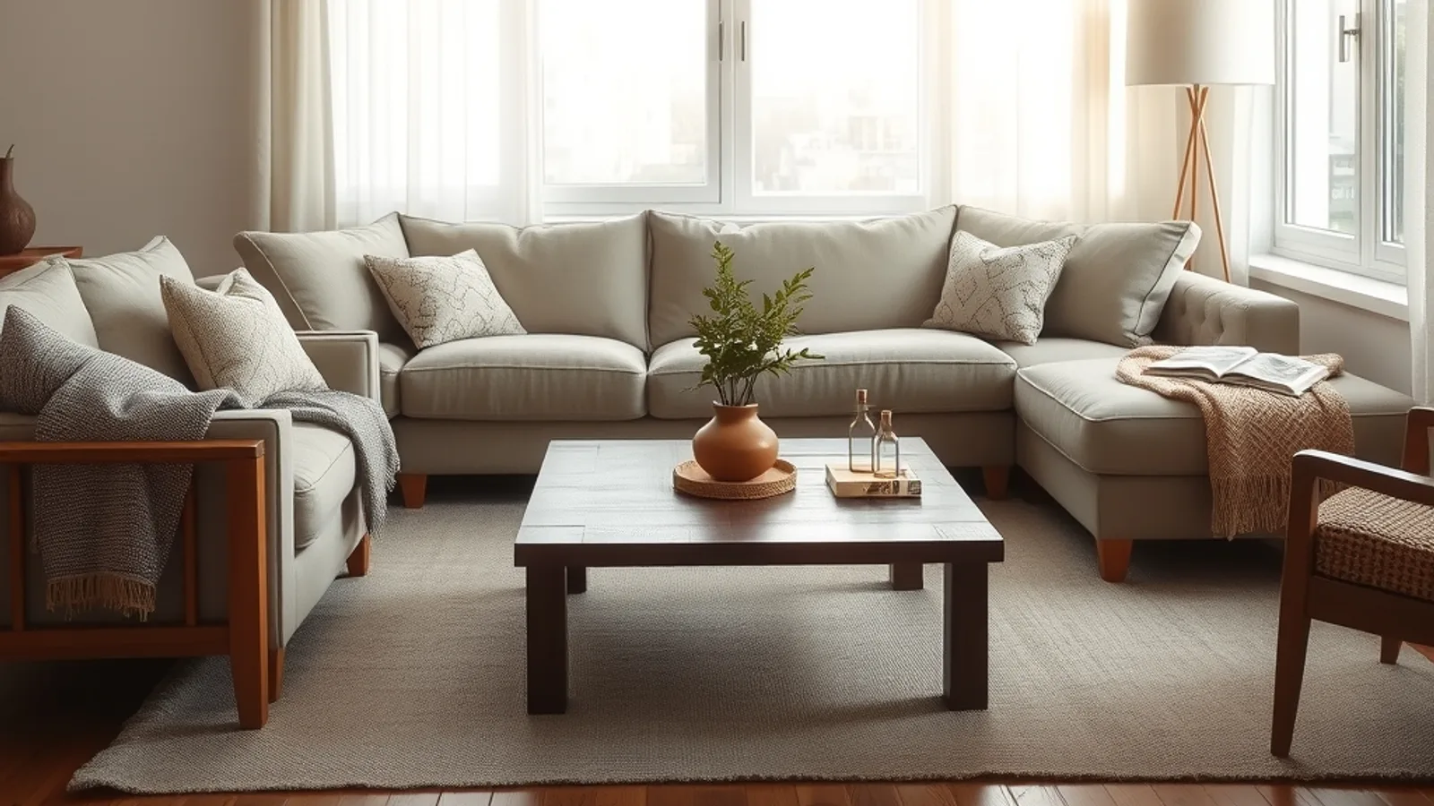 Sunlit living room with a linen sofa, wood coffee table, and layered neutral textiles
