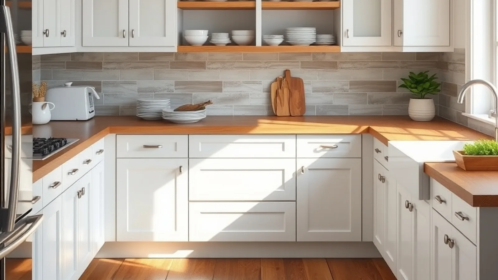Bright kitchen with white cabinets, oak island, and open shelves holding everyday dishes