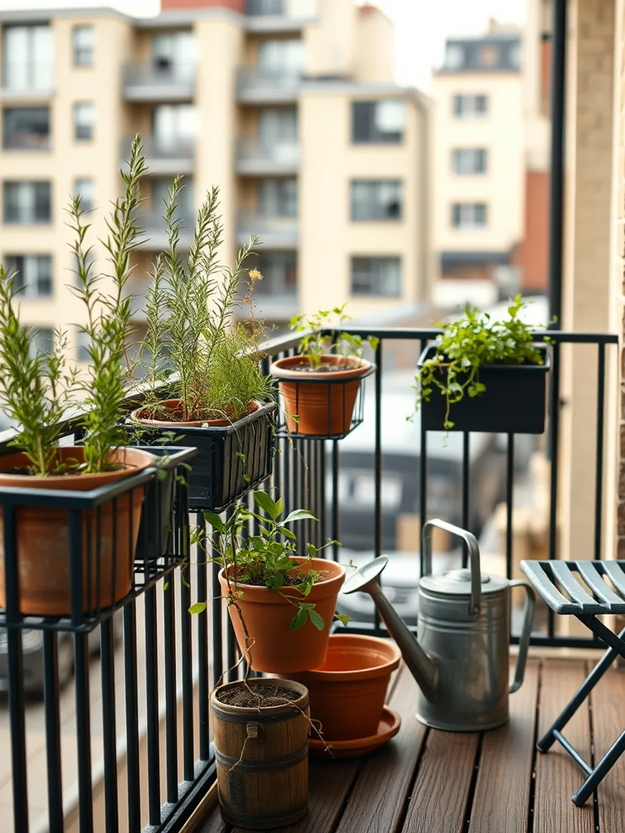 A small city balcony with black railing planters of herbs, terracotta pots of trailing plants and a metal watering can beside a chair.