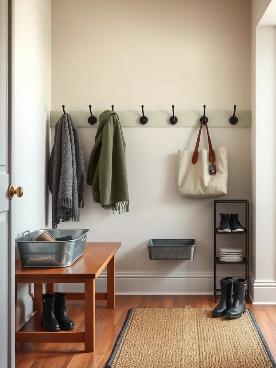 Narrow entryway with a wooden bench, wall hooks holding coats and bags, a boot tray, and a small shelf with a bowl for keys