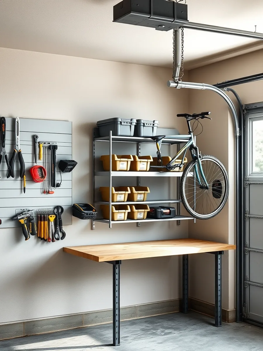 Garage wall with a slatwall panel holding tools, a steel shelving unit with labeled bins, and a bicycle hanging from a ceiling rack