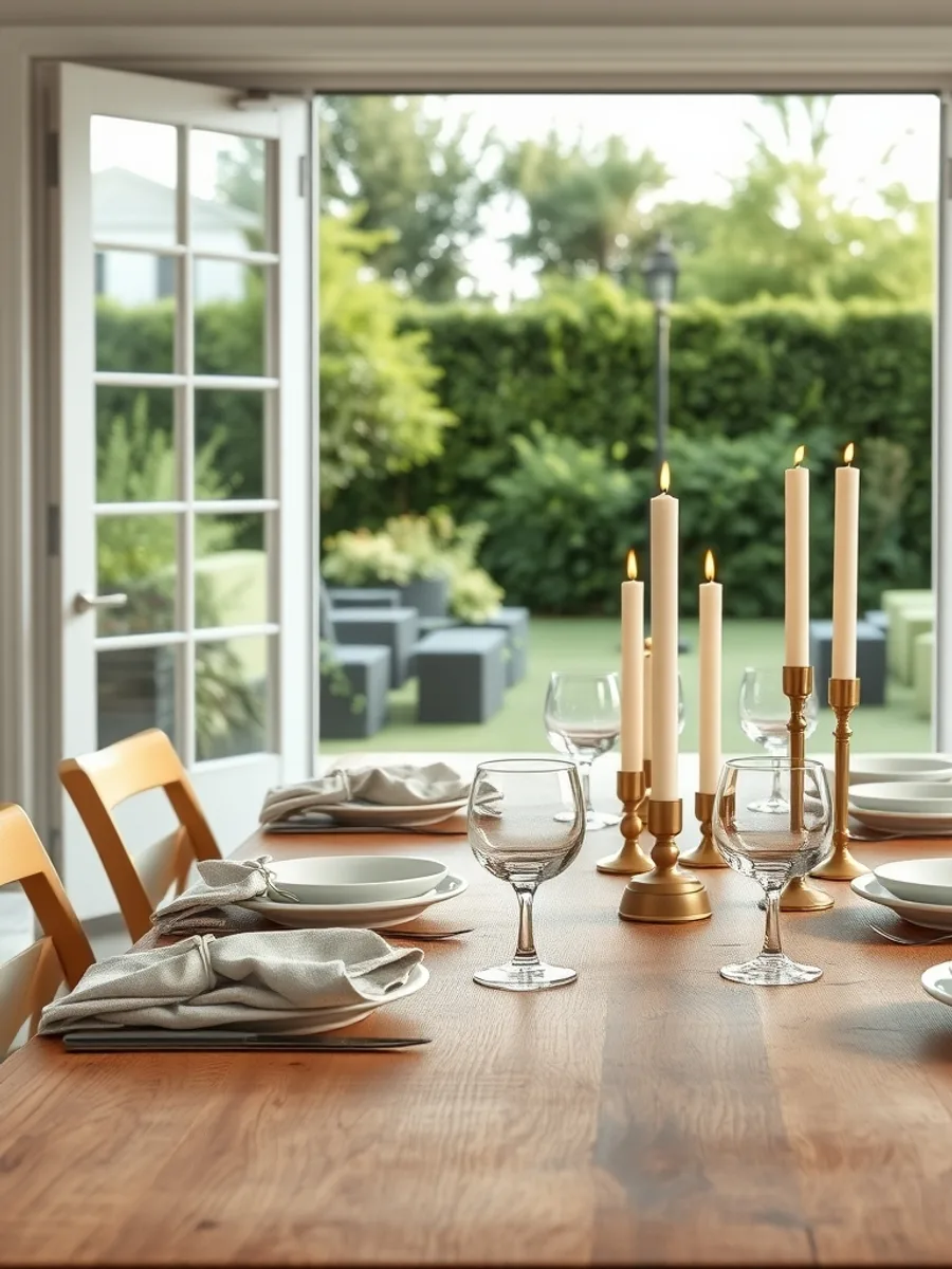 A wooden dining table set for six with linen napkins, stoneware plates, water glasses and two lit taper candles, patio doors open behind.