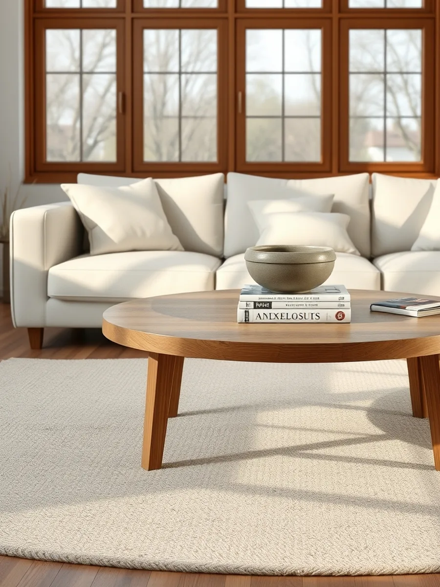 Round oak coffee table in front of a linen sofa with a stoneware bowl and a stack of magazines on a wool rug