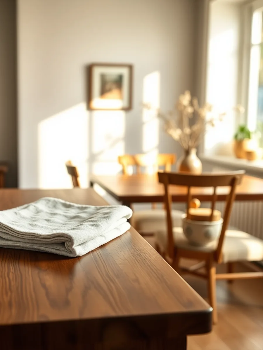 A hand wiping a walnut sideboard with a soft cloth, a small bowl of soapy water and a wax tin beside it.
