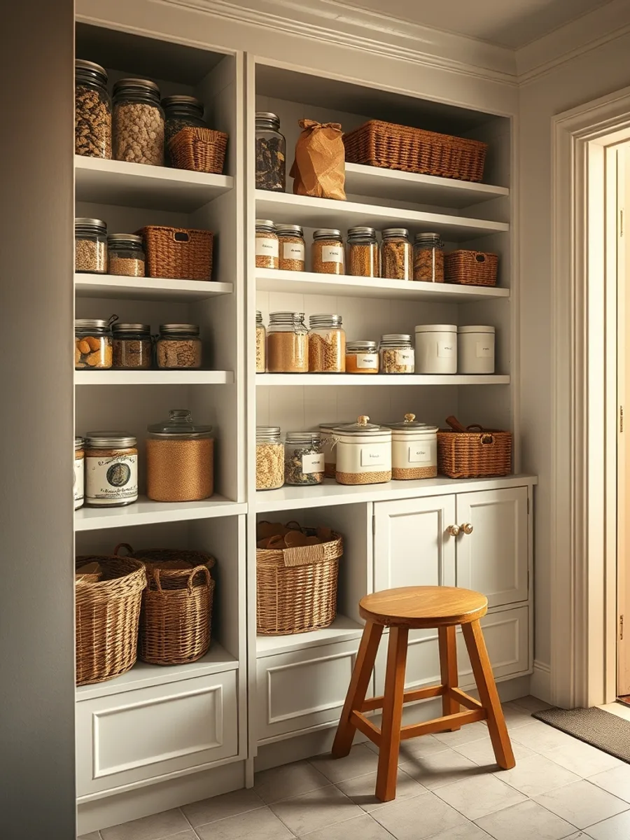A walk-in pantry with white shelves of glass jars, woven baskets and plain canisters, with a wooden step stool on a tiled floor.