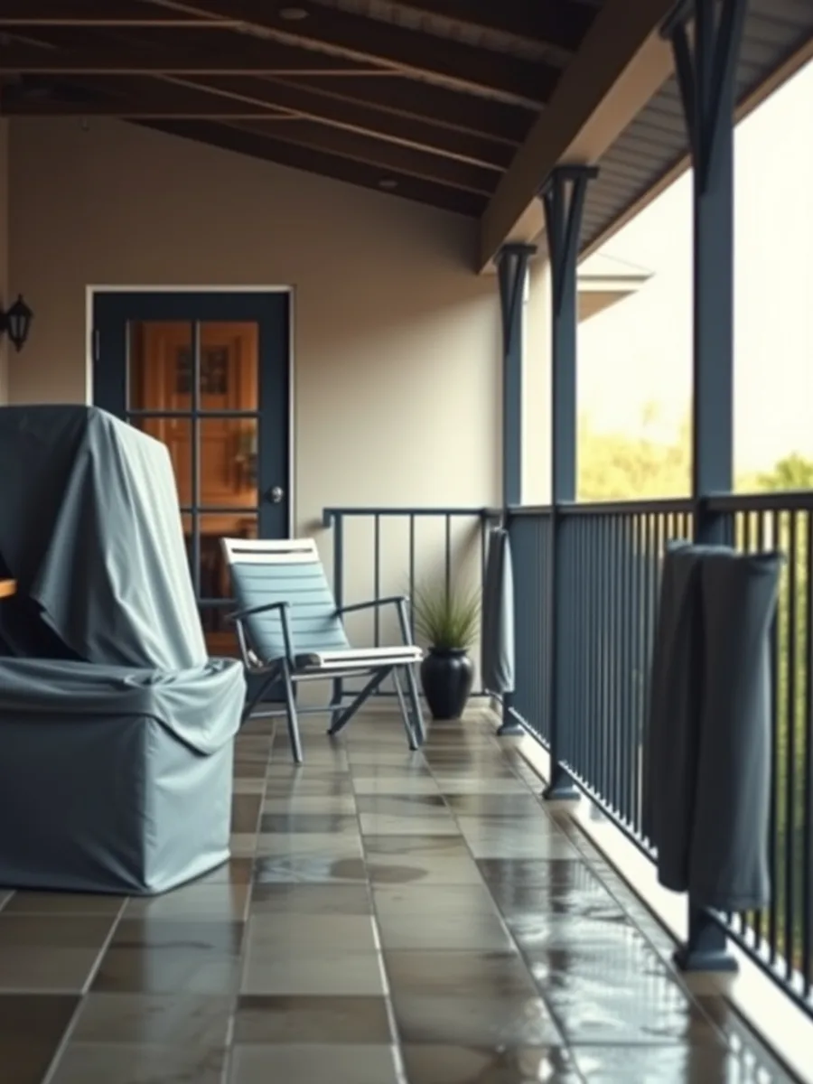 Covered patio with a teak dining table, stacked chairs, and cushions stored in a lidded box beside a folded cover