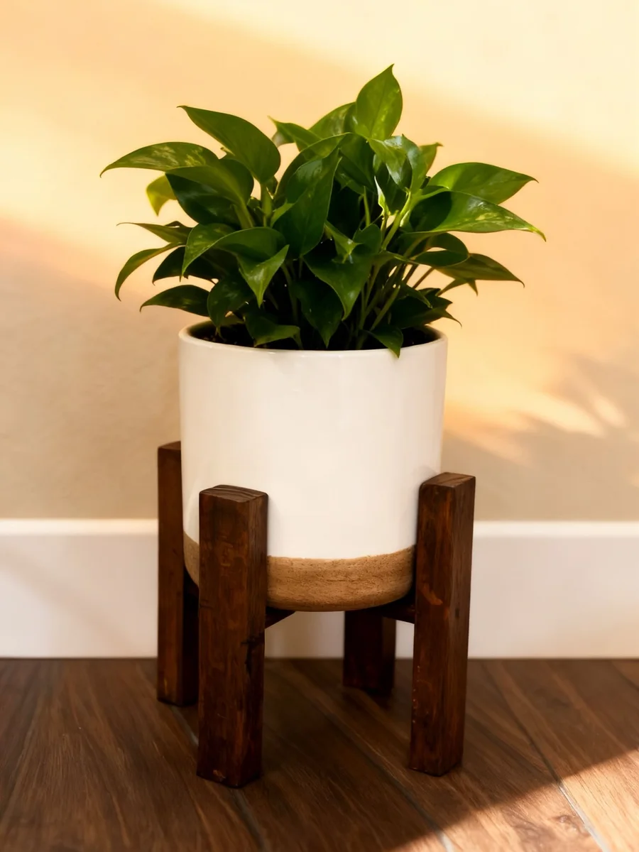 Wooden plant stand with a ceramic pot of trailing pothos beside a window, a smaller metal stand on a sideboard nearby