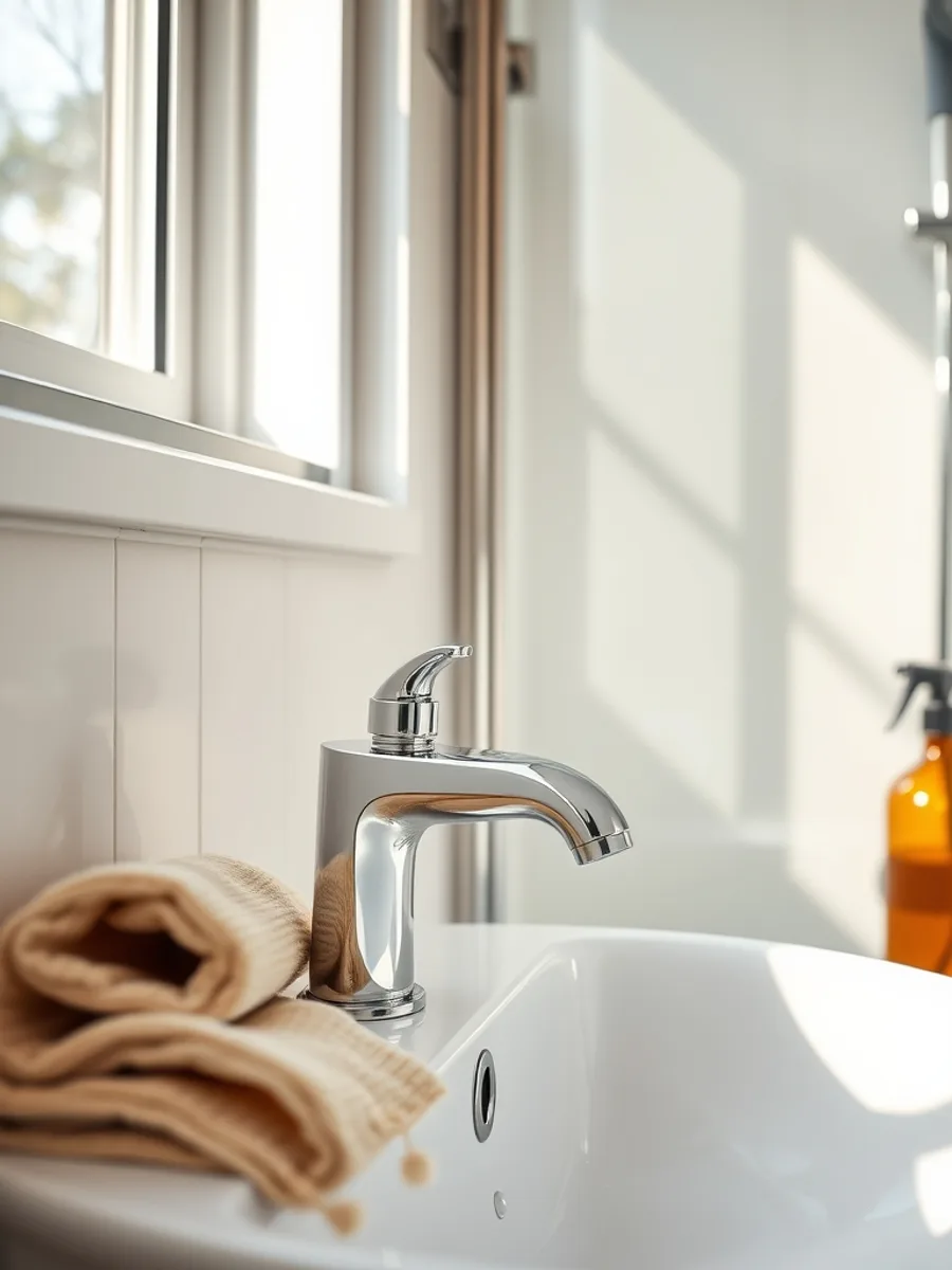 A bathroom faucet and glass shower door being wiped with a white cloth and a spray bottle of clear liquid.