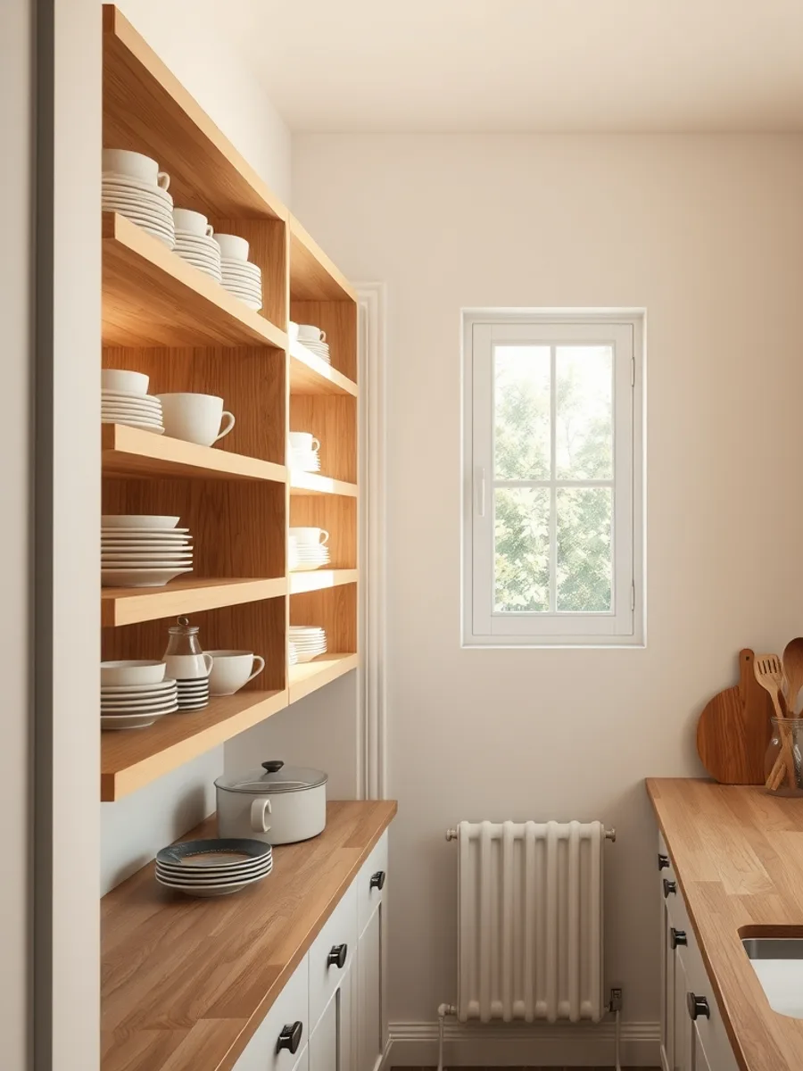 A narrow galley kitchen with white oak open shelves holding stacked ceramic bowls, mugs and a glass jar of utensils, lit by morning light.