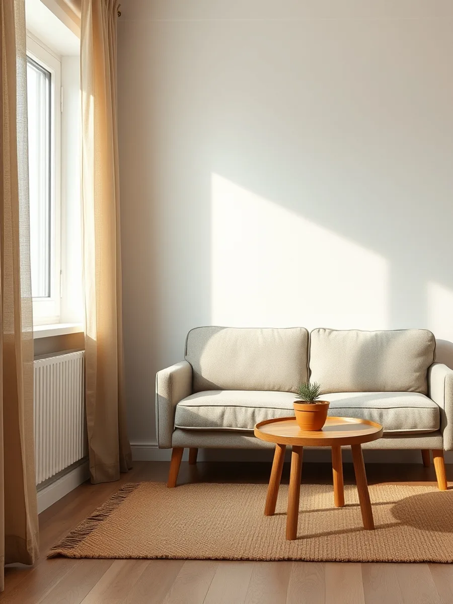 Compact living room with a two-seat linen sofa on legs, round oak coffee table, and a slim floor lamp in afternoon light